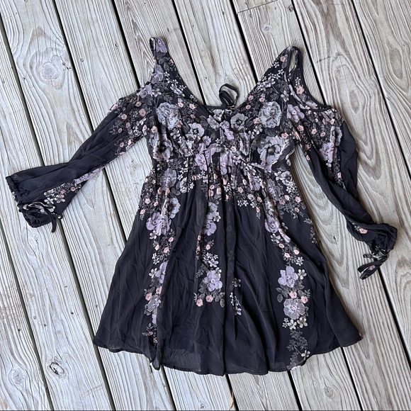 Free People dress black floral sheer tie back M